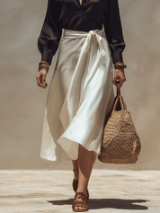 Elegant Effortless Chic Satin Blouse & Wrap Midi Skirt Set