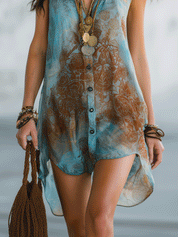 Effortless Boho Printed Sleeveless Button-Front High-Low Mini Dress