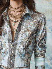 Boho Baroque Print Button-Front Slim Fit Shirt Blouse