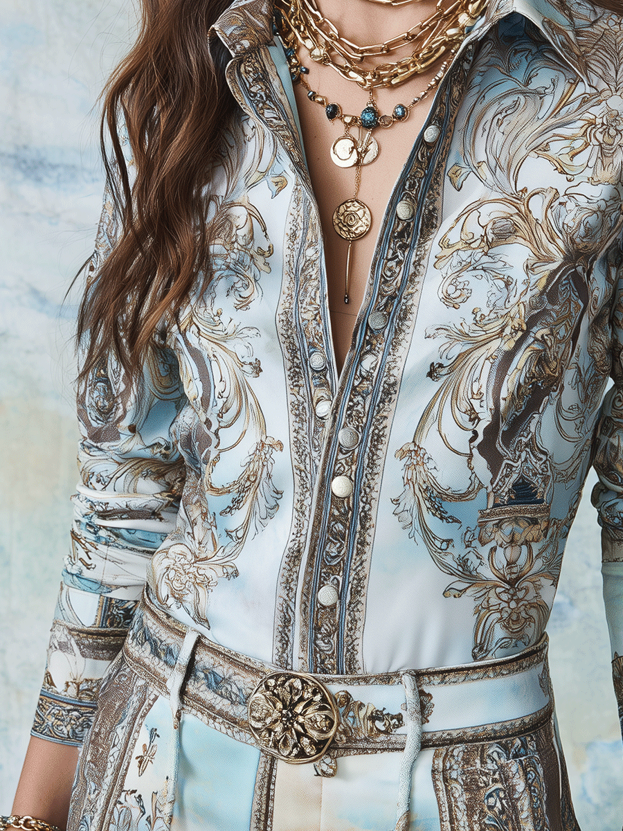 Boho Baroque Print Button-Front Slim Fit Shirt Blouse