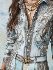 Boho Baroque Print Button-Front Slim Fit Shirt Blouse