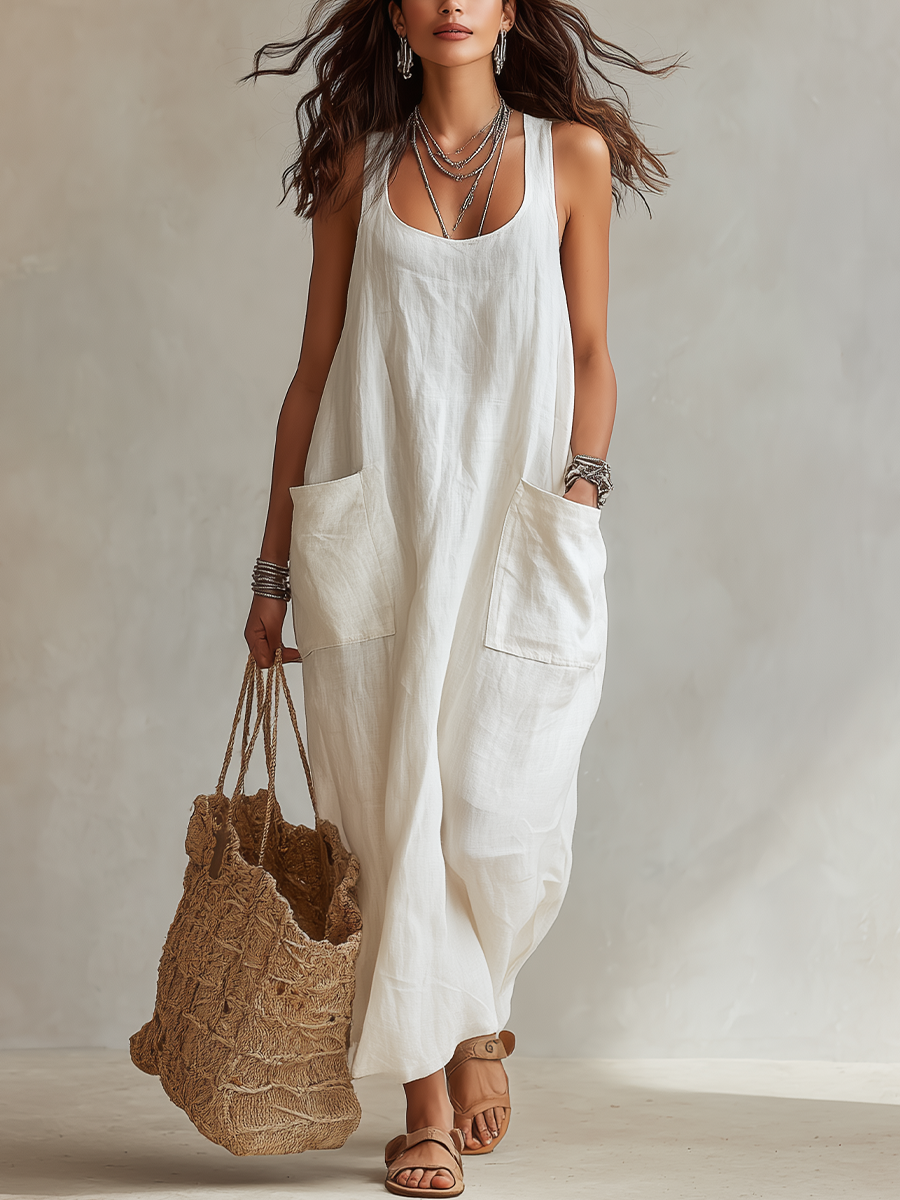 Minimal White Sleeveless Pocket Maxi Dress