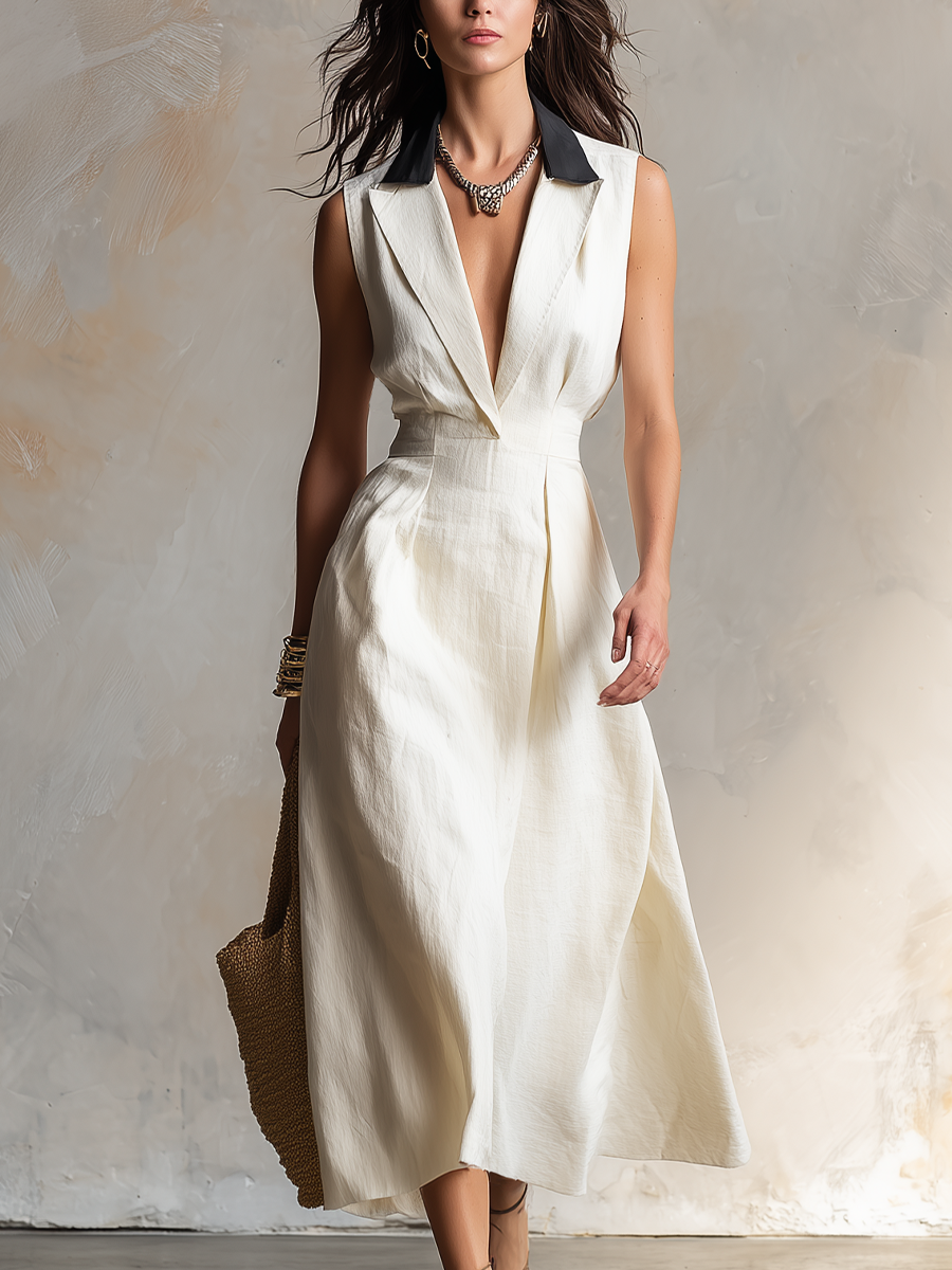 Tailored Ivory Contrast Collar Midi Dress