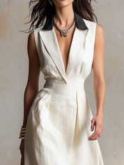 Tailored Ivory Contrast Collar Midi Dress