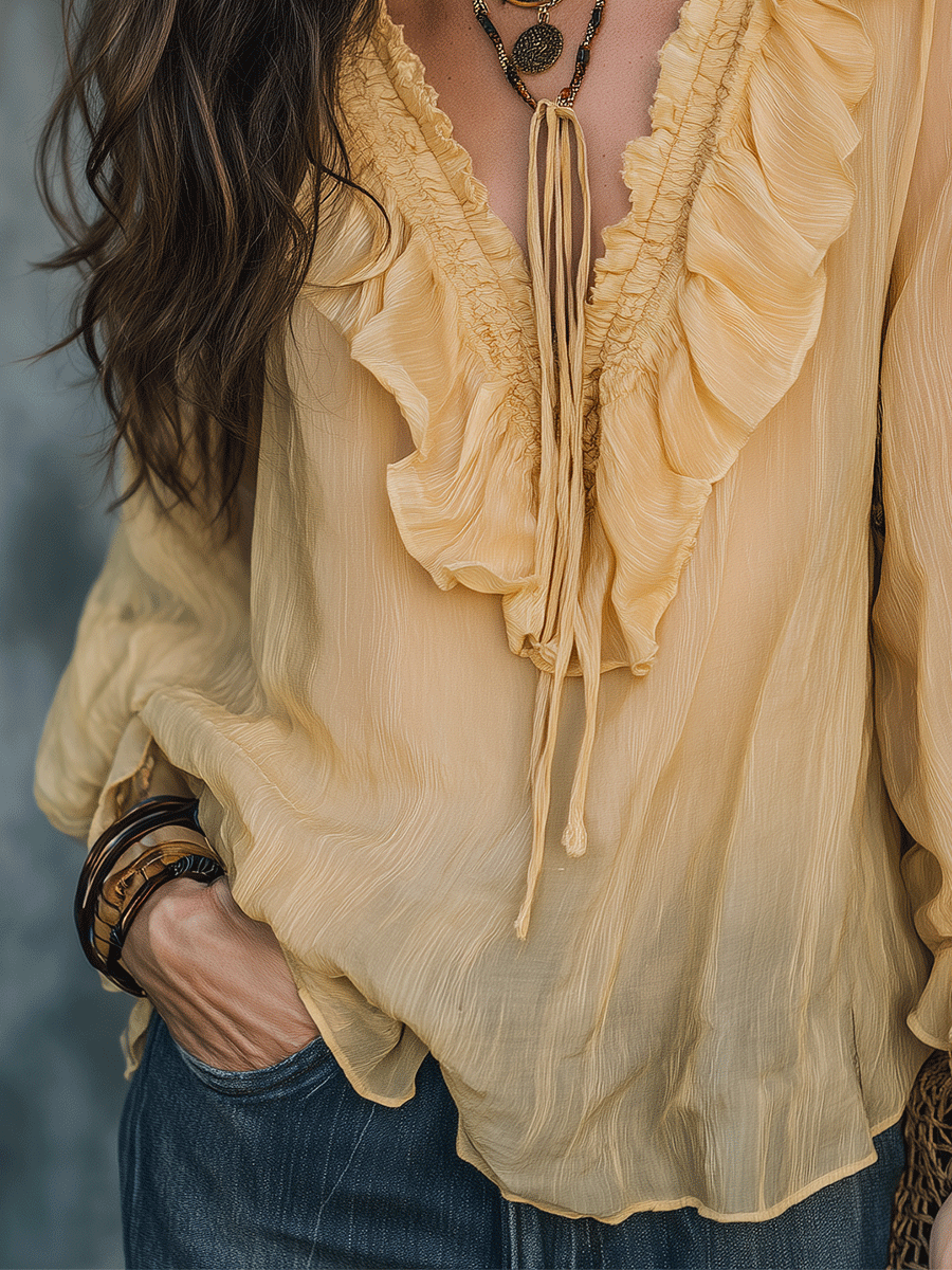 Boho Ruffle Tie-Neck Sheer Long Sleeve Relaxed Fit Blouse