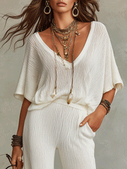 Boho Ribbed V-Neck T-Shirt Relaxed Fit Wide-Leg Flowy Pants Set