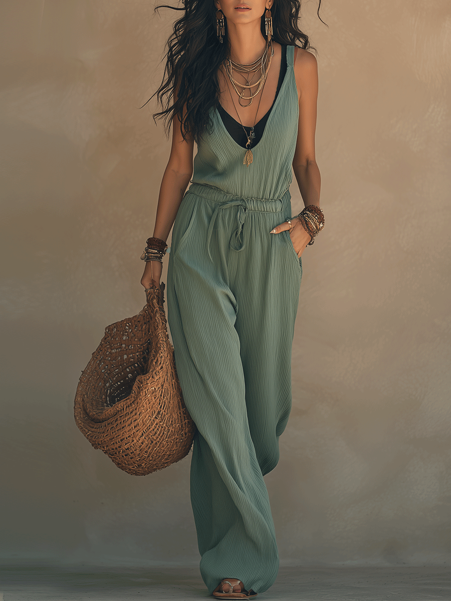 Boho Sleeveless Sage Green V-Neck Drawstring Waist Relaxed Fit Jumpsuit