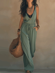 Boho Sleeveless Sage Green V-Neck Drawstring Waist Relaxed Fit Jumpsuit