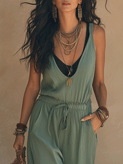 Boho Sleeveless Sage Green V-Neck Drawstring Waist Relaxed Fit Jumpsuit
