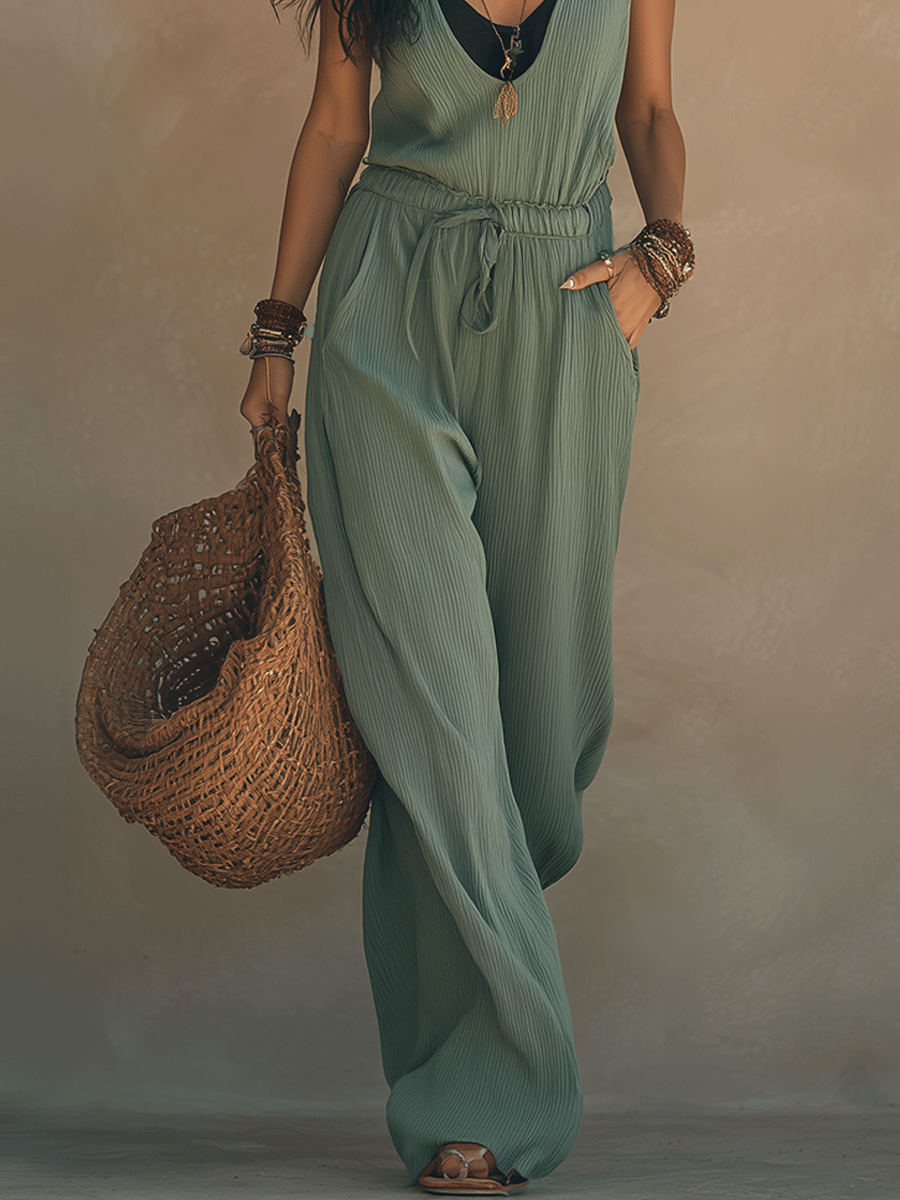 Boho Sleeveless Sage Green V-Neck Drawstring Waist Relaxed Fit Jumpsuit