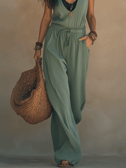 Boho Sleeveless Sage Green V-Neck Drawstring Waist Relaxed Fit Jumpsuit