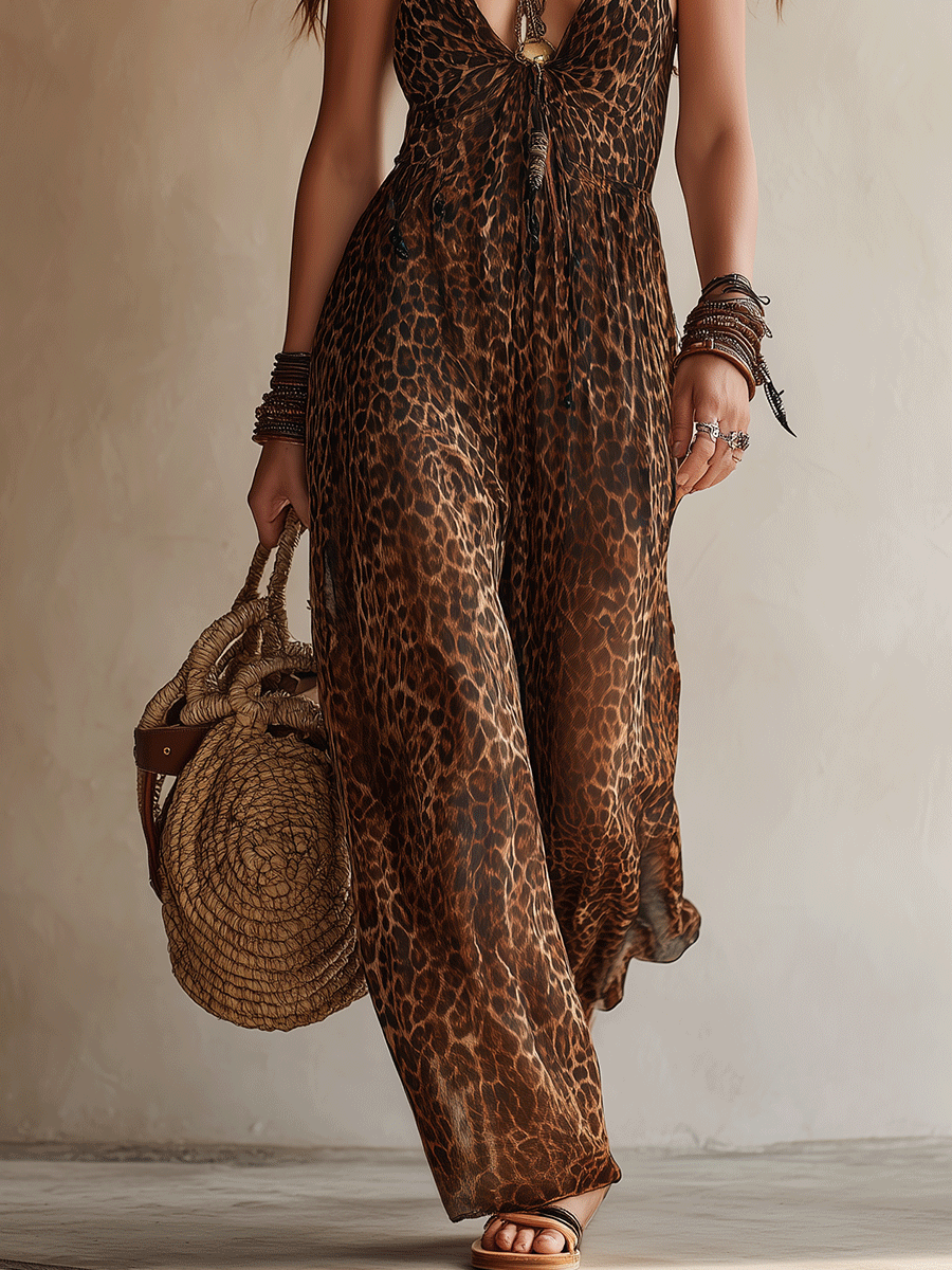 Boho Leopard Print Halter V-Neck Wide-Leg Flowy Jumpsuit