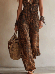 Boho Leopard Print Halter V-Neck Wide-Leg Flowy Jumpsuit