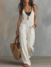 Chic Ivory Textured Flowy Casual Summer Easy-Wear Jumpsuit