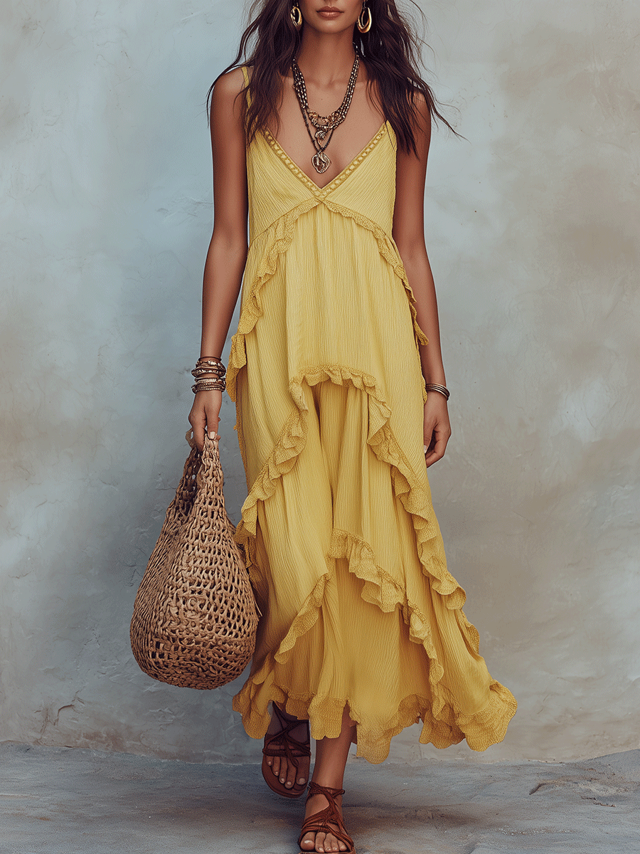 boho frill dress Boho Mini Dress Sleeveless Lace V-Neck Cotton Linen Summer Dress