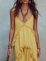 Boho Ruffle Tiered Flowy V-Neck Asymmetric Hem Maxi Dress