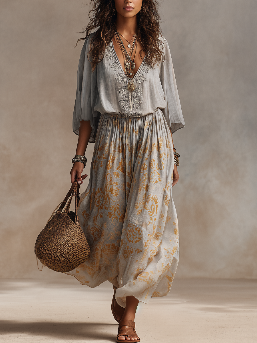Bohemian Soft Gray Printed Maxi Dress