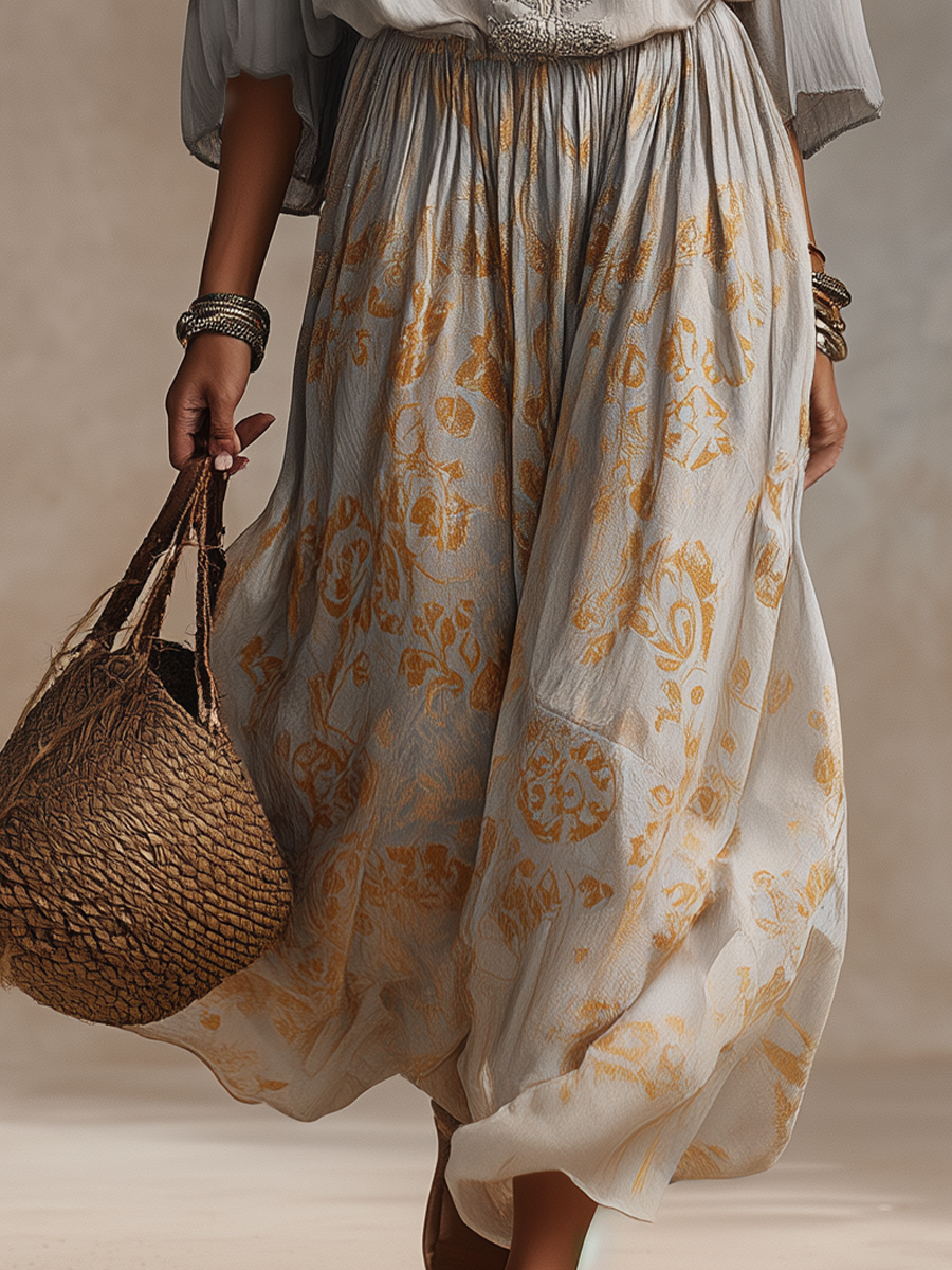 Bohemian Soft Gray Printed Maxi Dress