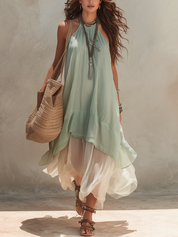 Airy Sage Layered Halter Maxi Dress