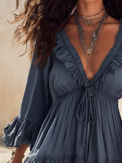 Bohemian Slate Blue Ruffle Trim Mini Dress