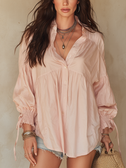 Relaxed Blush Gathered Button-Up Blouse