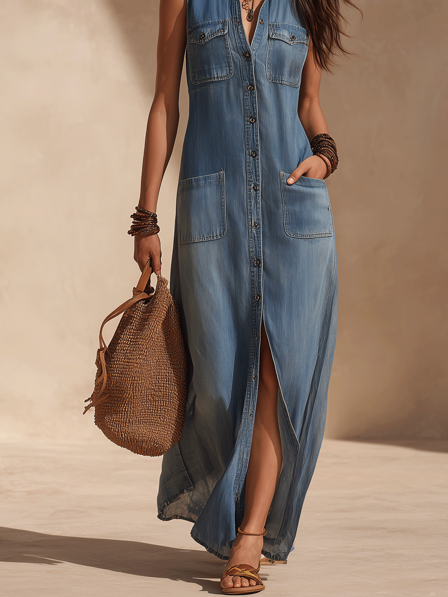 Casual Chic Button-Down Denim Maxi Dress