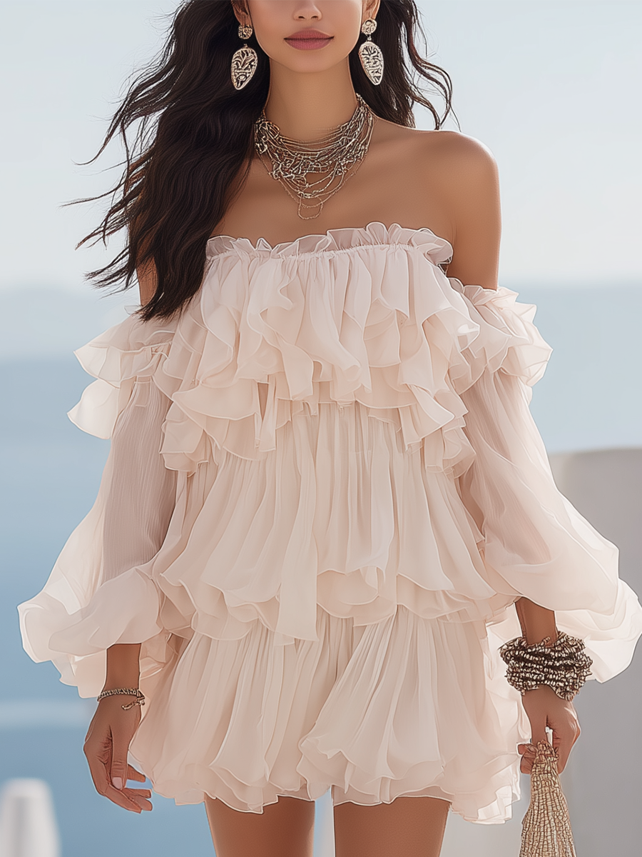 Resort Style Off-white Chiffon Ruffled Short Dress