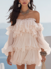 Resort Style Off-white Chiffon Ruffled Short Dress