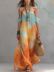 Resort Style Blue And Orange Tie Dye Chiffon Maxi Dress