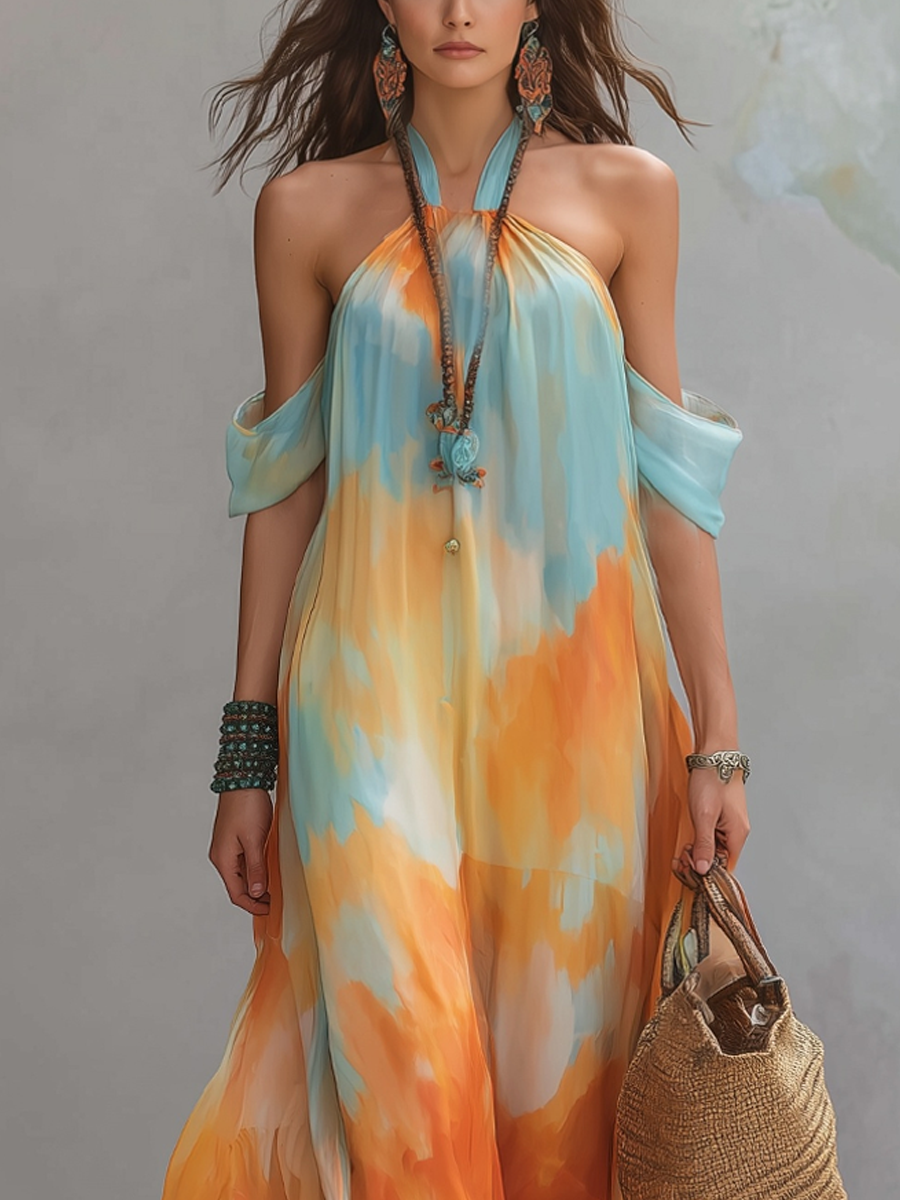 Resort Style Blue And Orange Tie Dye Chiffon Maxi Dress