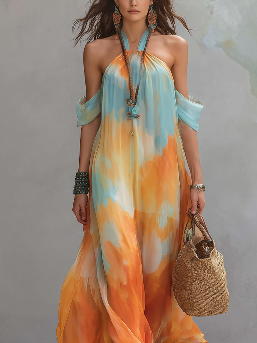 Resort Style Blue And Orange Tie Dye Chiffon Maxi Dress