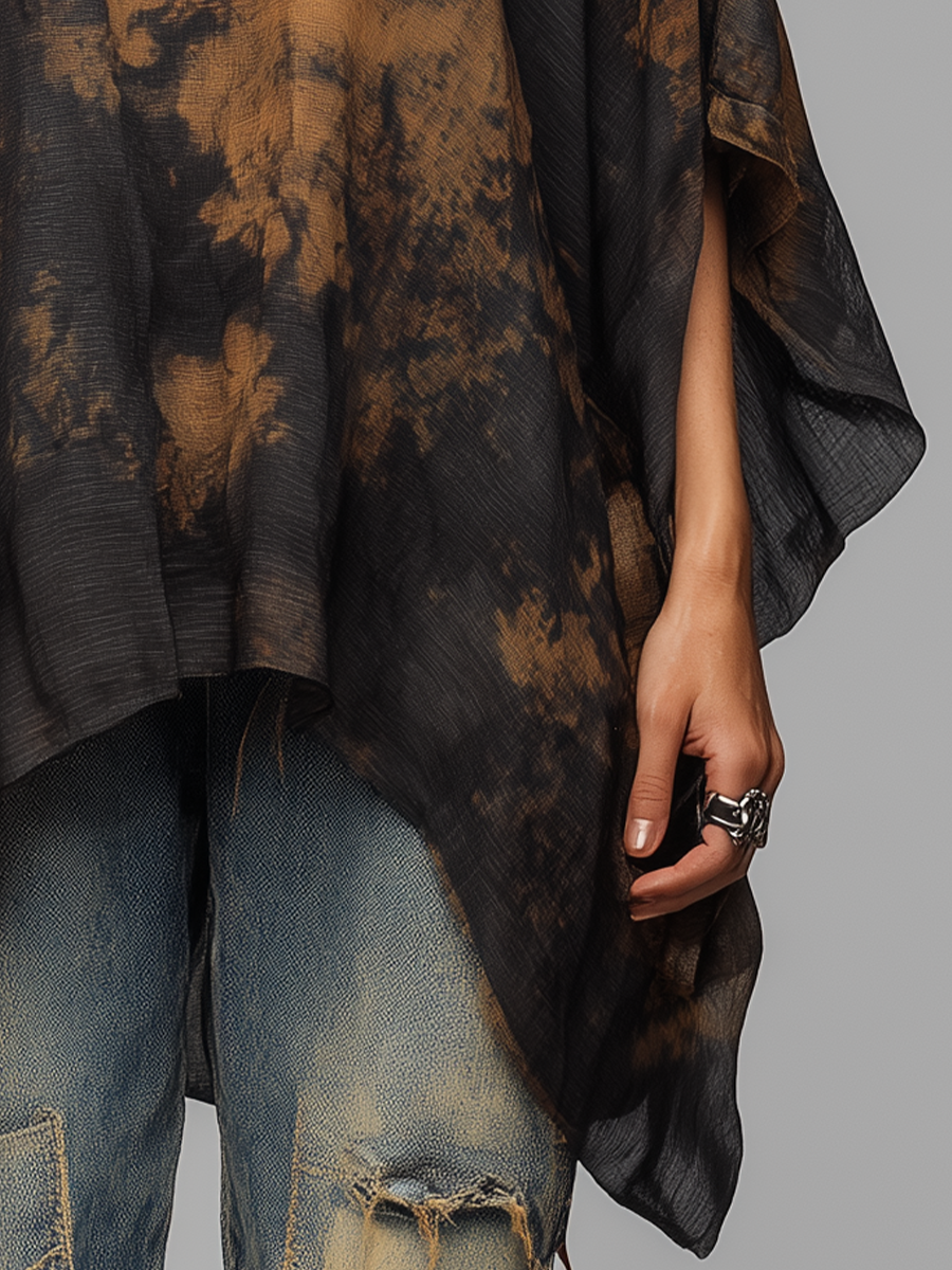 Modern Black Abstract Print Poncho Top