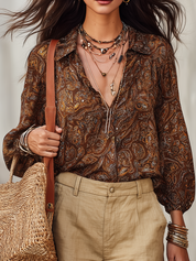 Vintage Brown Paisley Button-Up Blouse & Linen Shorts Set
