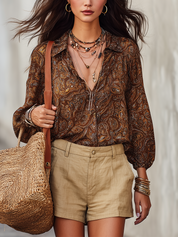 Vintage Brown Paisley Button-Up Blouse & Linen Shorts Set