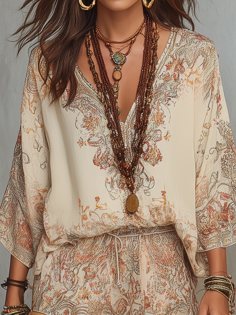 Retro Soft Beige Printed Loose Shorts Set