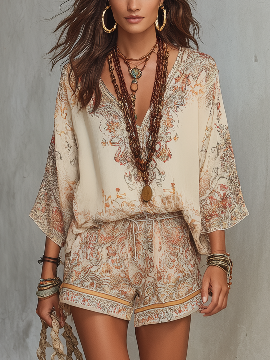Retro Soft Beige Printed Loose Shorts Set