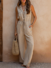 Casual Beige Utility With Tie Waist Jumpsuit