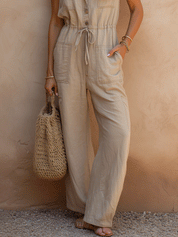 Casual Beige Utility With Tie Waist Jumpsuit