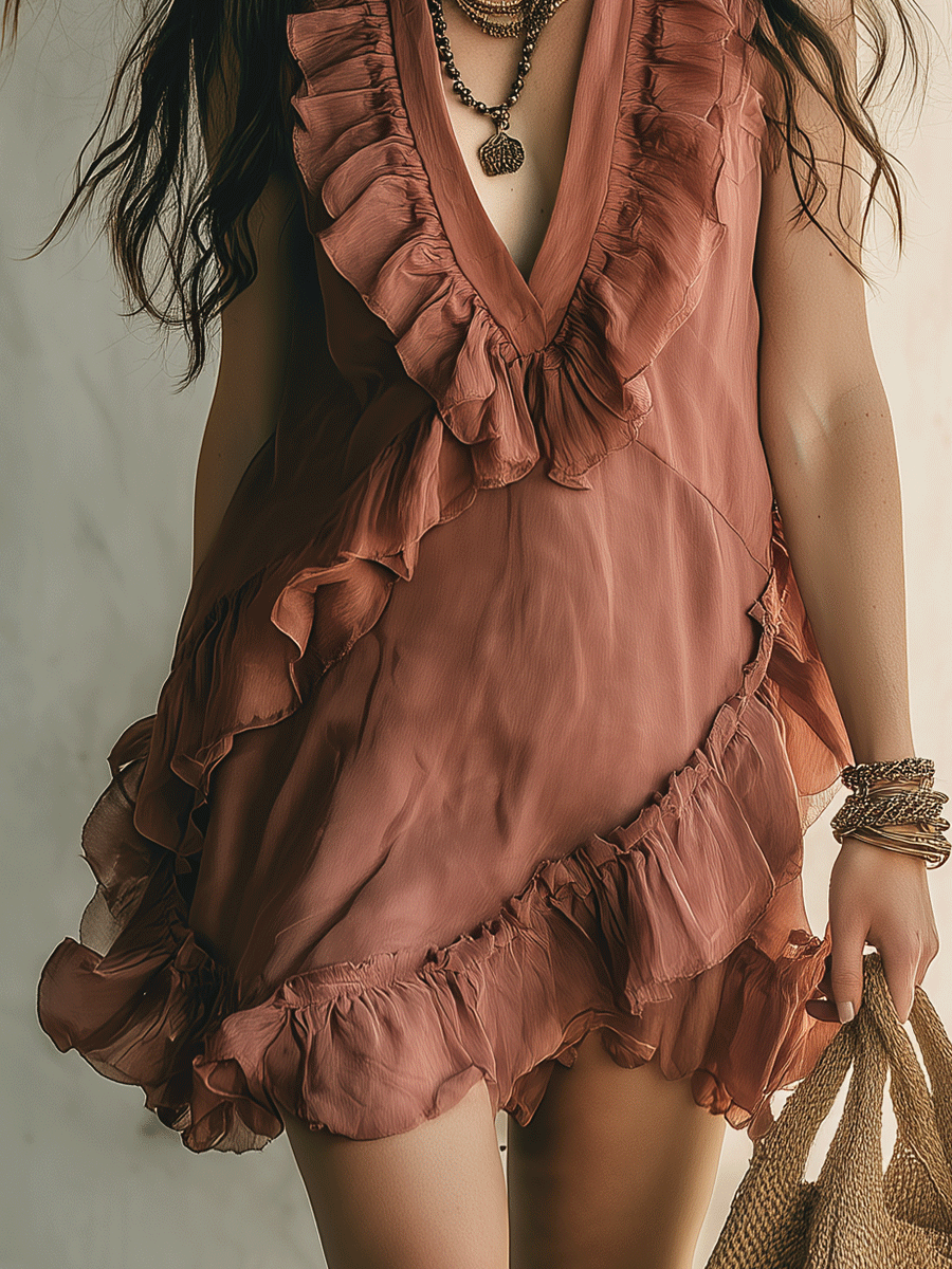 Boho Chic Ruffled V-Neck Feminine Ruffled Mini Dress