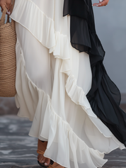 Refined Black & White Asymmetric Ruffle Maxi Dress