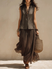 Chic Dark Pleated Maxi Skirt & Sleek Satin Sleeveless Top