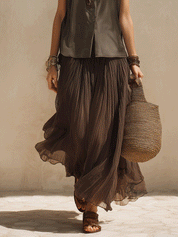 Chic Dark Pleated Maxi Skirt & Sleek Satin Sleeveless Top