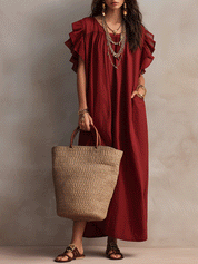 Chic Boho Romantic Ruffle Red Cotton Maxi Dress