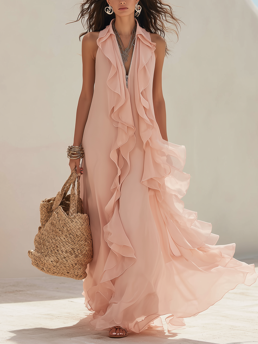 Resort-style Nude Pink Chiffon Ruffle Halter Neck Maxi Dress