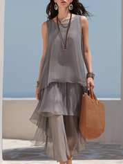 Elegant Gray Layered Chiffon Maxi Dress