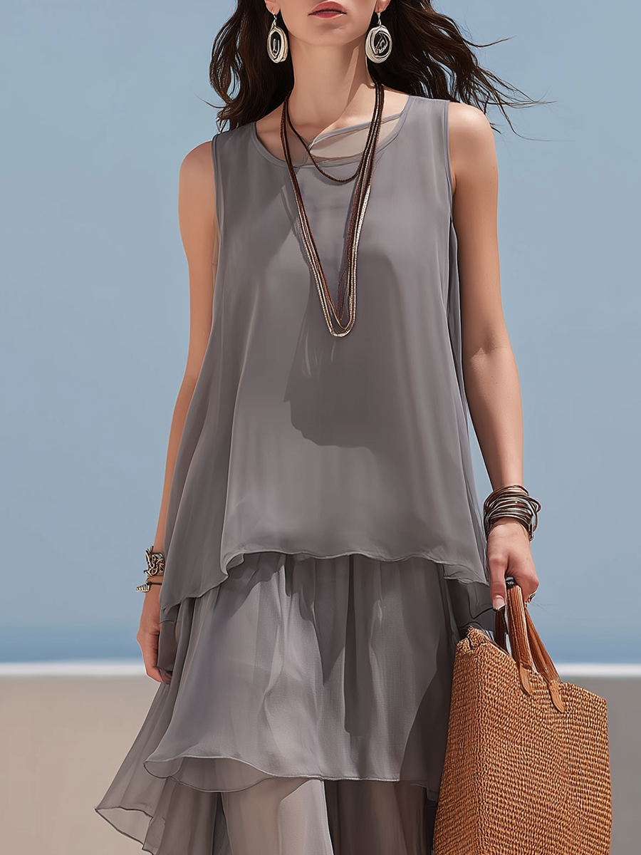 Elegant Gray Layered Chiffon Maxi Dress