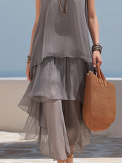 Elegant Gray Layered Chiffon Maxi Dress
