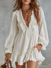 Romantic Boho White Ruffle Mini Dress