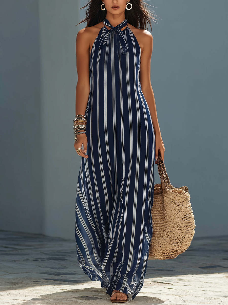 Resort-style Navy Striped Halter Neck Chiffon Maxi Dress