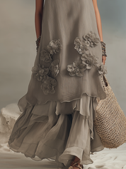 Three-dimensional Floral Embellished Layered Tulle Long Dress